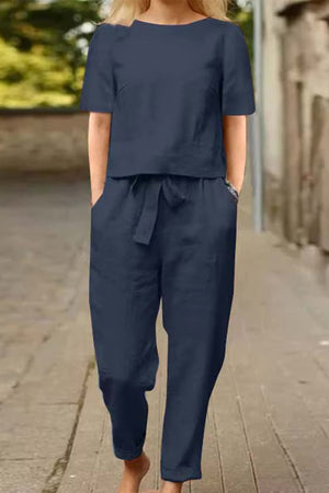 Mezcla de algodón y lino Monocromo Conjunto de dos piezas