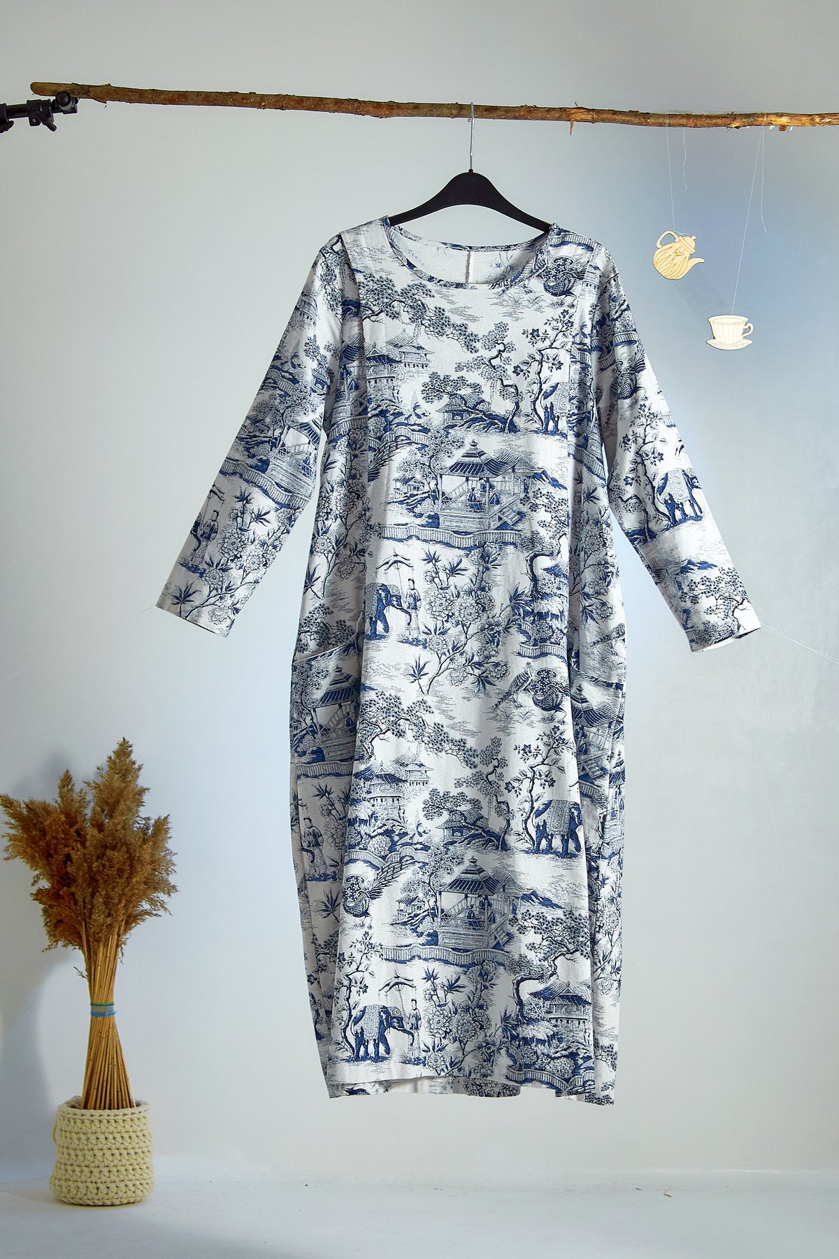 Vestido con Estampado de Porcelana Japones Azul